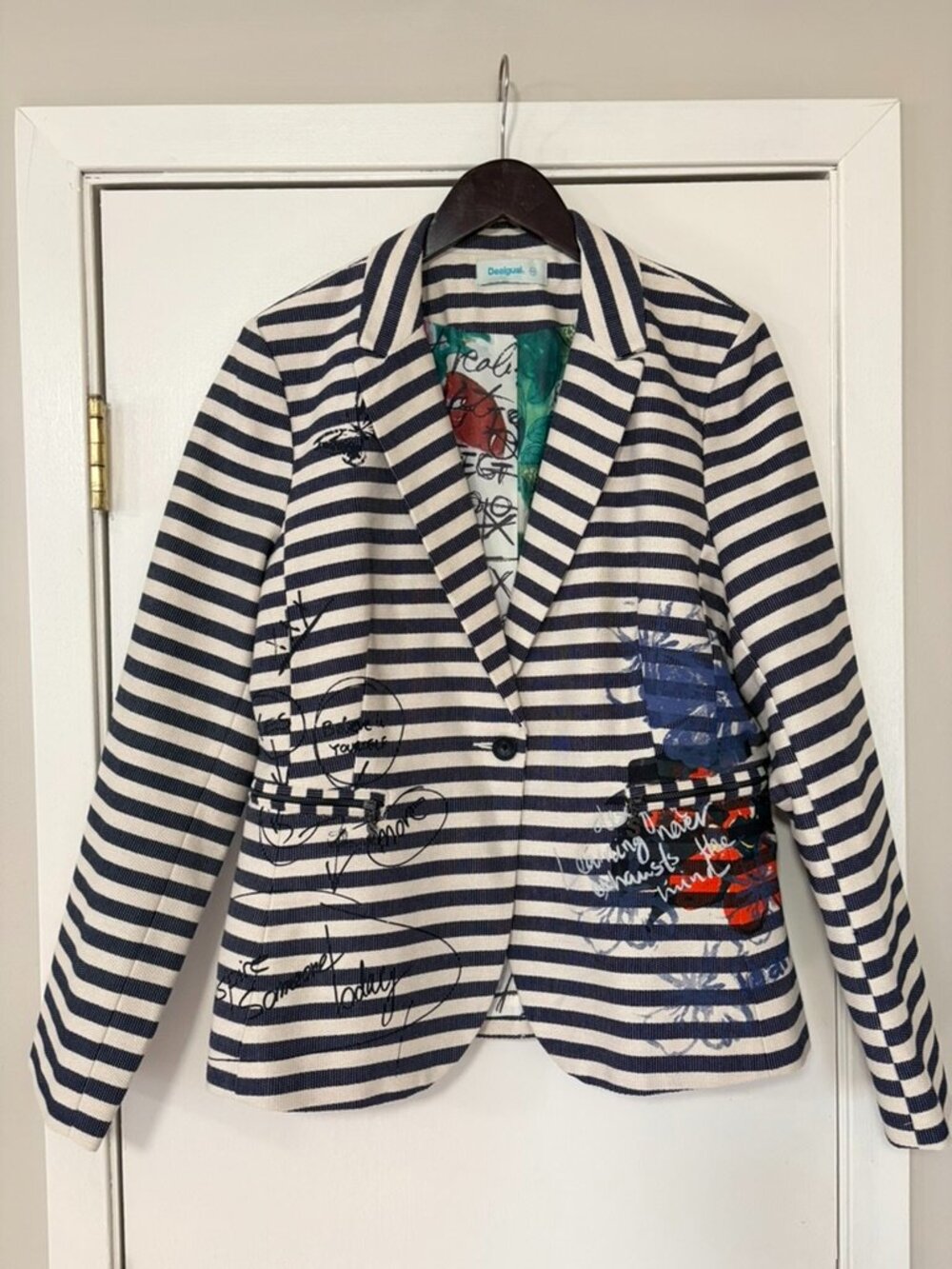 NWT Desigual "Blue Dreams" Nautical Striped Graffiti Blazer
